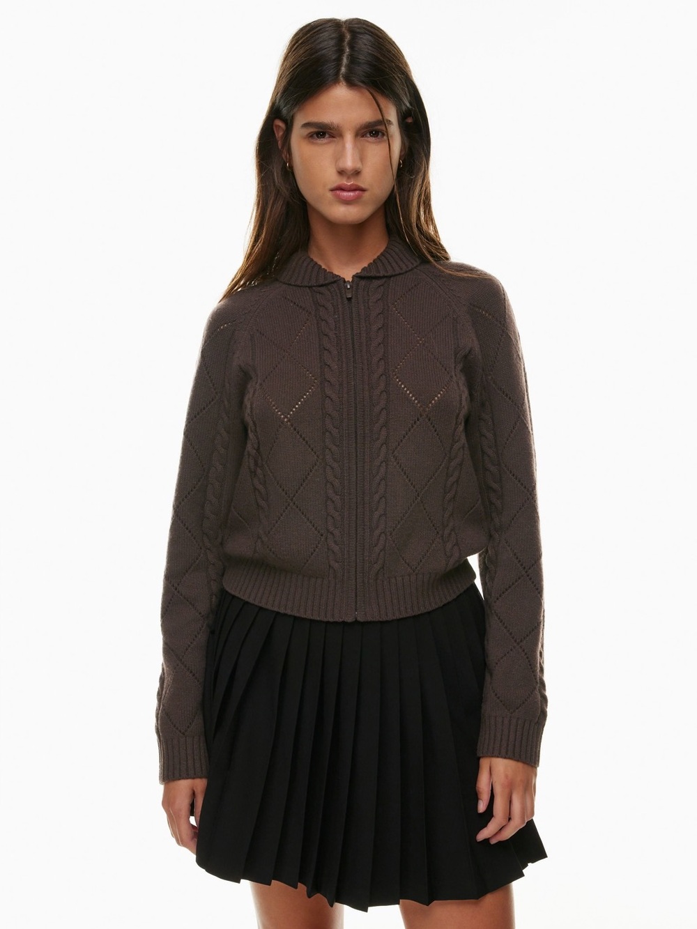 Aritzia Sunday Best Cable Knit Zip-Up Sweater Cardigan in Rich Mocha Brown